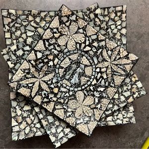 3 square black lacquer Japanese mother of pearl plate set.